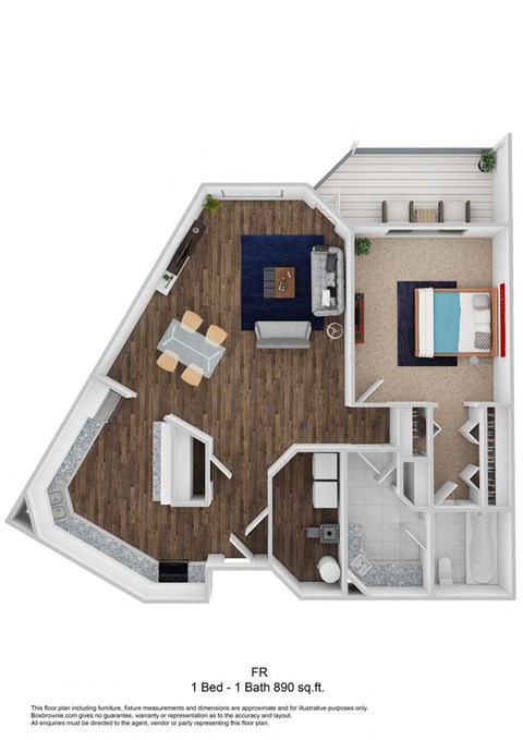 1 Bed - 1 Bath 890 sq. ft. FR Floor plan